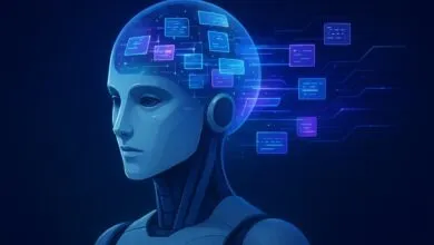 AI robot head with glowing data streams inside, representing processing and memory.
