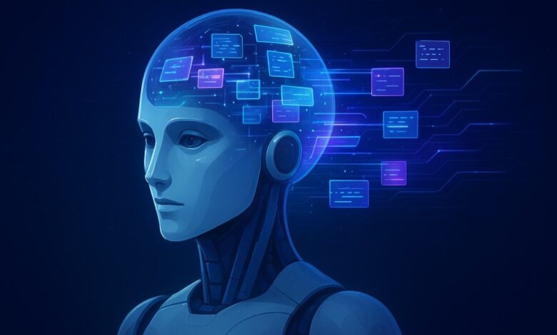 AI robot head with glowing data streams inside, representing processing and memory.
