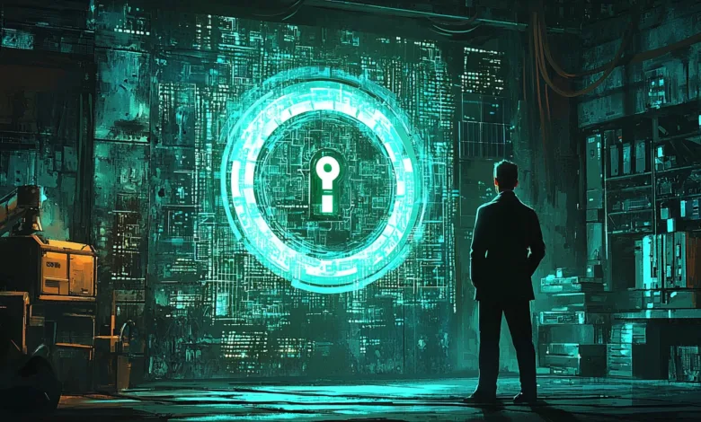 Man in suit observes a teal digital screen showing a keyhole symbol in a futuristic setting.