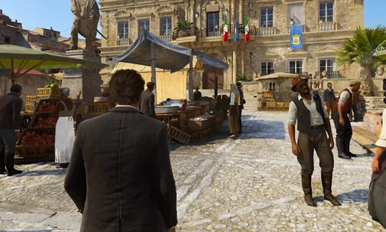 A bustling marketplace in a sun-drenched Italian town square, with vendors selling produce and fish. People in period clothing mill about.