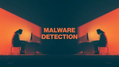 Silhouetted figures at computers, illuminated by orange light, with 'Malware Detection' text.