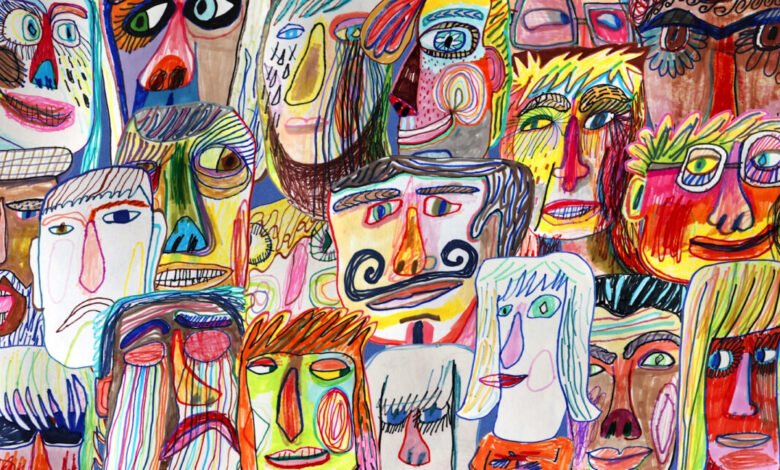 Colorful drawing of many faces, diverse expressions, vibrant colors, expressive art.