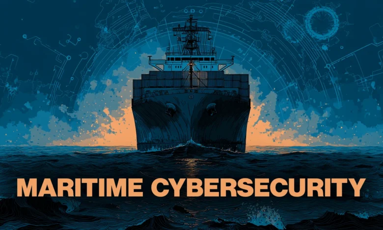 Cargo ship at sea with a digital world map overlay, illustrating maritime cybersecurity.