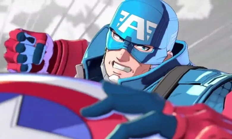 Close-up of an animated Captain America figure in a blue and red suit, mid-action with his shield.