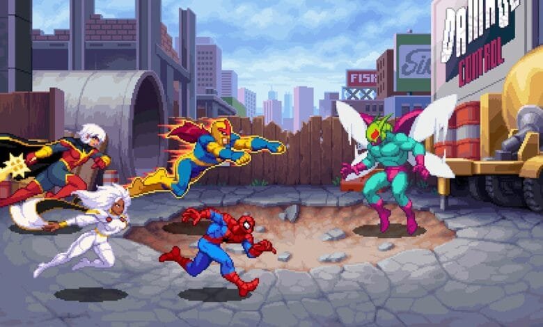 Pixel art depicting Marvel characters Spider-Man, Storm, and others in an urban battle scene.