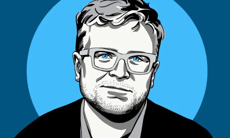 Illustration of Matt Taibbi, journalist, with bright blue eyes, wearing glasses, against a blue and black background.