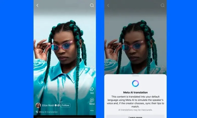 Smartphone displays Meta AI translating a social media post featuring a woman. The translation overlay shows how AI simulates lip sync.