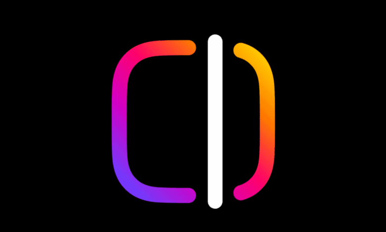 Abstract logo design with rounded, gradient-colored shapes in purple, pink, orange, and white against a black background.