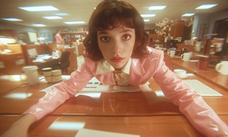 Woman in pink vinyl jacket leans over office desk, warm lighting.