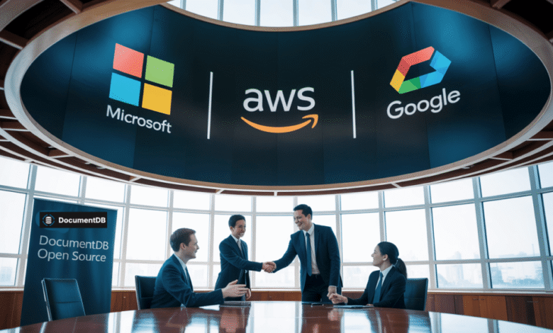 Businesspeople shake hands in a modern office with a large screen displaying Microsoft, AWS, and Google logos. DocumentDB Open Source is also visible.