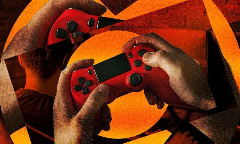 Close-up of hands holding a red video game controller, set against a stylized orange and brown background.