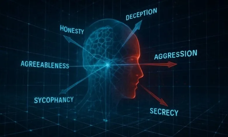 Abstract head graphic shows opposing personality traits: honesty, agreeableness vs. deception, aggression, secrecy, sycophancy.