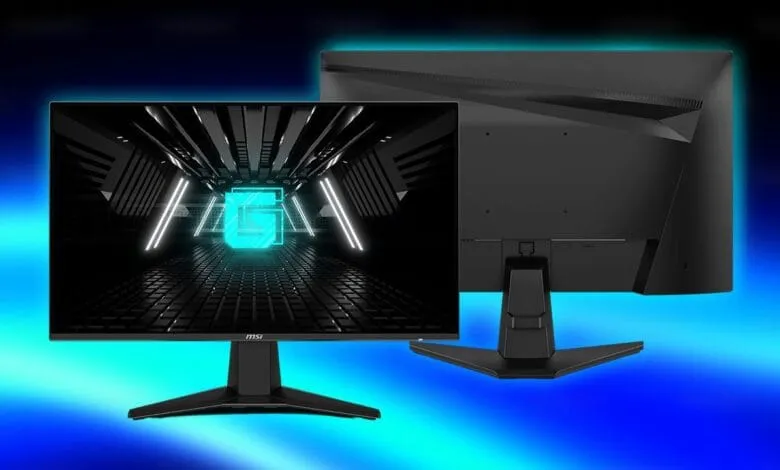 MSI gaming monitor shown from front and back, sleek black design, neon blue background, futuristic display.
