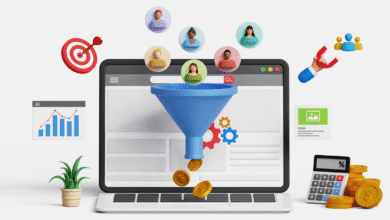 3D illustration of a sales funnel on a laptop, showing customer acquisition and conversion into revenue.