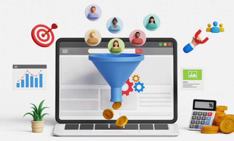 3D illustration of a sales funnel on a laptop, showing customer acquisition and conversion into revenue.