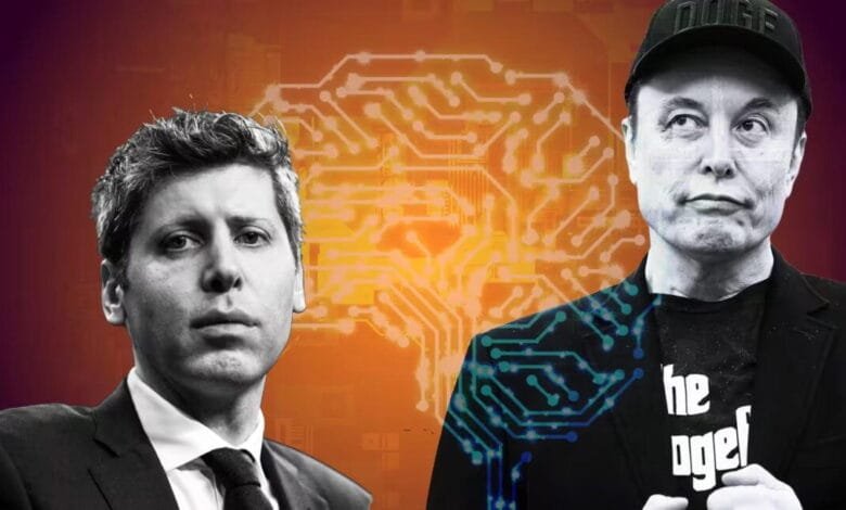 Sam Altman and Elon Musk, CEOs of OpenAI and X, respectively, against a circuit board brain graphic.