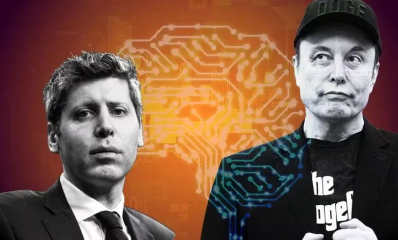 Sam Altman and Elon Musk, CEOs of OpenAI and X, respectively, against a circuit board brain graphic.