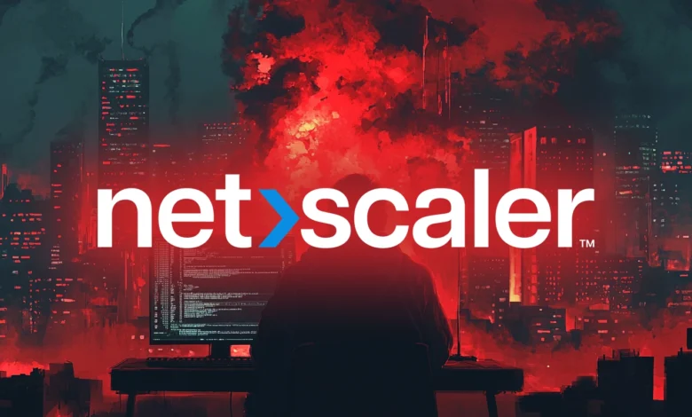NetScaler logo over a programmer's silhouette against a fiery cityscape backdrop.
