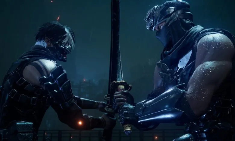 Two ninjas face off, swords clashing in a rain-soaked nighttime setting.