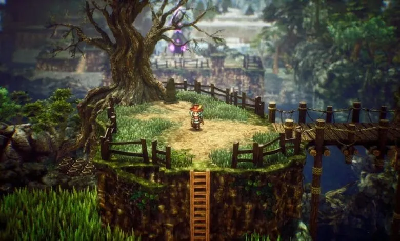 Pixel-art adventurer stands on a mystical island with a wooden fence, ladder, and rope bridge. Lush greens and purples create a mysterious atmosphere.