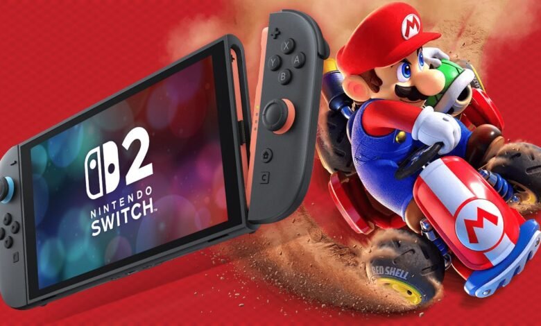 Nintendo Switch OLED model with coral Joy-Cons, showcasing Mario Kart gameplay.