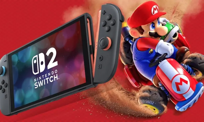 Nintendo Switch OLED model with coral Joy-Cons, showcasing Mario Kart gameplay.