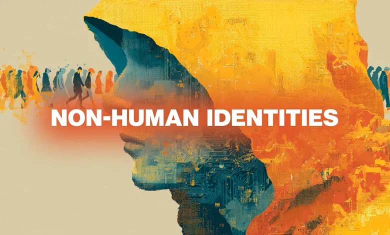 Abstract artwork depicts a hooded figure overlaid with circuit board patterns, facing a crowd of people. The text 'NON-HUMAN IDENTITIES' is prominent.