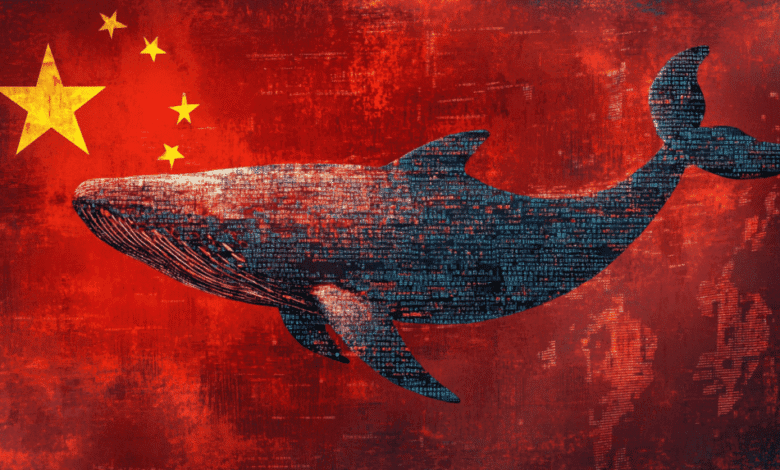 Abstract art depicting a whale formed from computer code, superimposed on a textured Chinese flag.