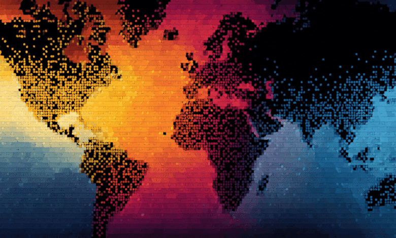 Stylized world map depicted as a heatmap with warm and cool colors, represented by a pixelated grid.