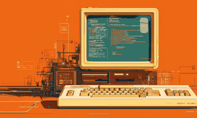 Retro computer with code displayed on screen, surrounded by digital elements on an orange background.