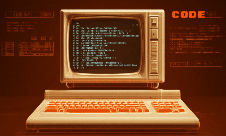 Retro computer with glowing orange wireframe, displaying lines of code on its screen. A nostalgic digital art piece.