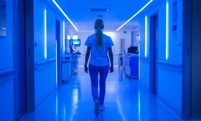 Nurse walking down a brightly lit blue hospital corridor.