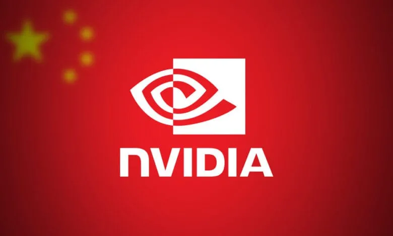 Nvidia logo on a red background with a blurred Chinese flag.