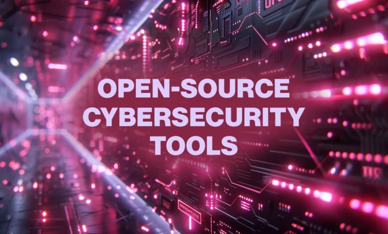Abstract circuit board with glowing pink lights and text 'Open-Source Cybersecurity Tools'.