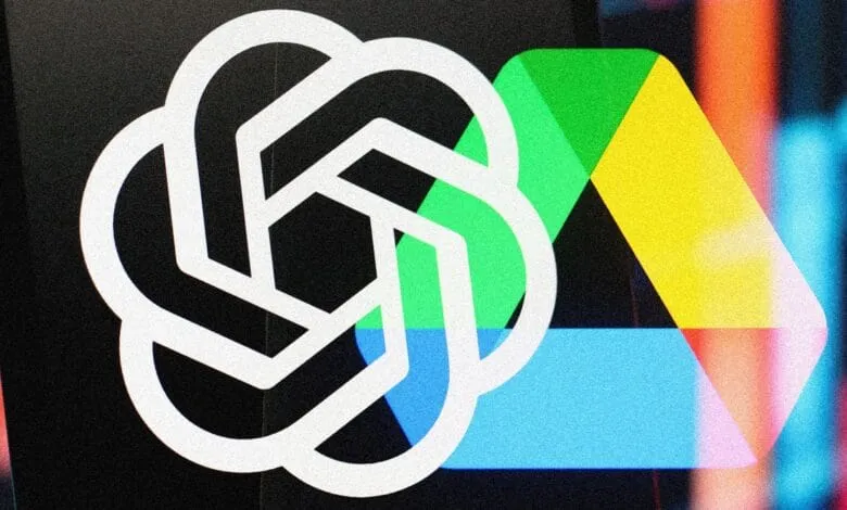 OpenAI logo and Google Drive logo overlaid, vibrant colors on dark background.