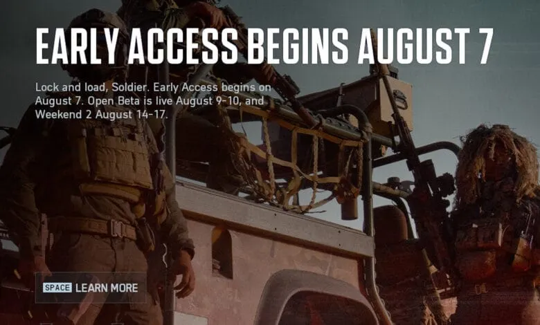 Soldiers near a military vehicle; announcement of early access to a game starting August 7th.