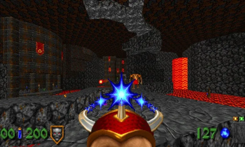 First-person view of a video game, showing a player character in a dark, fiery dungeon battling a monster.