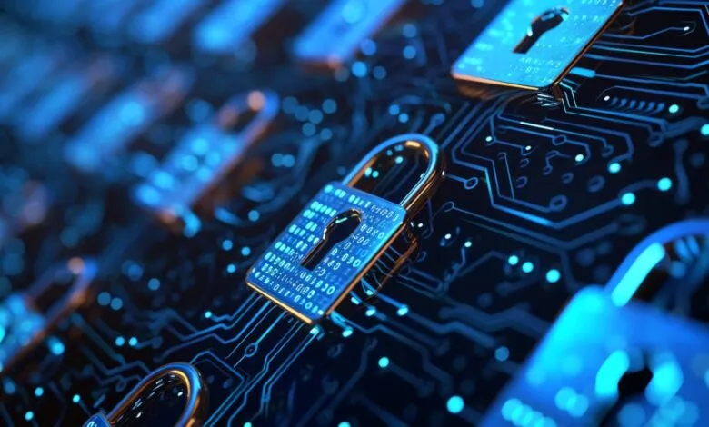Cybersecurity concept: Close-up of padlocks on a circuit board, glowing blue, symbolizing digital data protection.