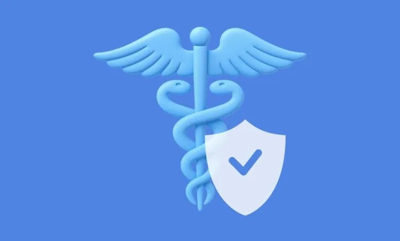 A 3D rendering of the medical caduceus symbol with a shield and checkmark, representing secure healthcare.
