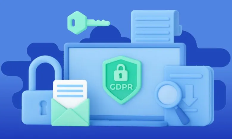 3D illustration of GDPR compliance: laptop, lock, key, documents, magnifying glass. Data protection and privacy.