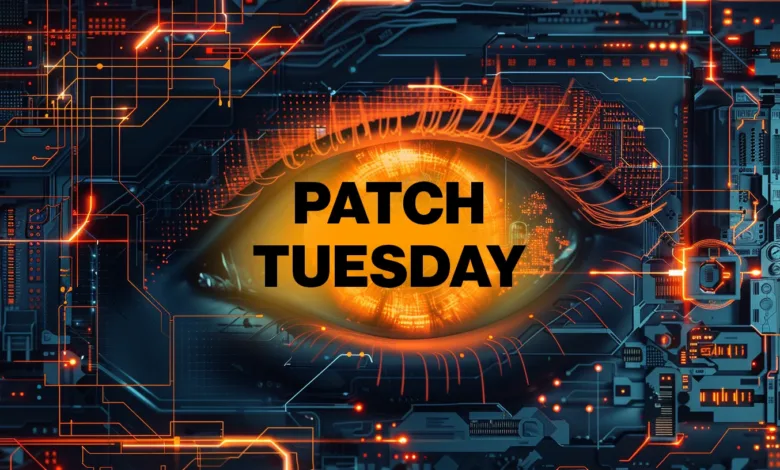 Cybernetic eye with 'PATCH TUESDAY' overlaid on a circuit board background, highlighting software updates.