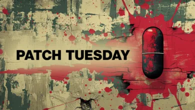 Graphic for Patch Tuesday, featuring a large pill on a distressed, paint-splattered background.