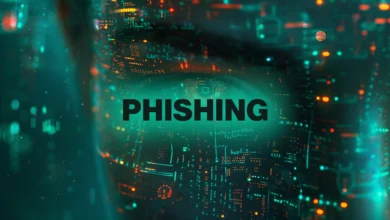 Cybersecurity alert: The word 'PHISHING' is displayed over an abstract image of a circuit board, symbolizing online threats.