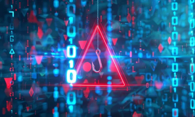 Cybersecurity warning: A red neon triangle with a fishing hook hangs against a backdrop of binary code, symbolizing phishing attacks.