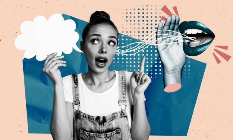 A woman with a surprised expression holds a thought bubble, while a hand whispers into a large, teal lip. Abstract shapes and textures create a collage.