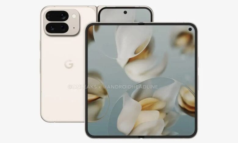 Render of Google's Pixel Fold phone, off-white, closed and open, showcasing its foldable design and dual cameras.