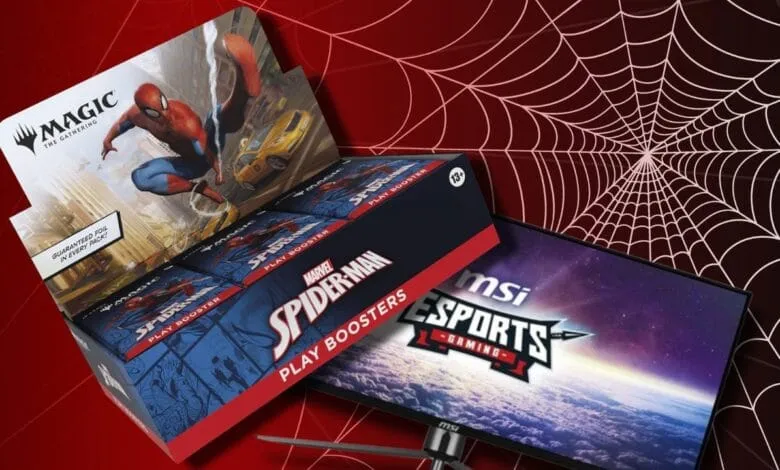 Spider-Man Magic: The Gathering play boosters next to an MSI esports gaming monitor, set against a red spiderweb background.