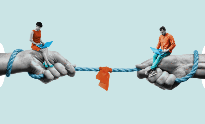 Two people on giant hands holding a rope, symbolizing competition or connection.