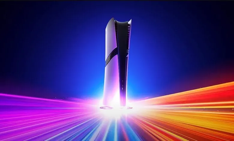 Sleek white PlayStation 5 console glows brightly against a backdrop of vibrant, multicolored light streaks.