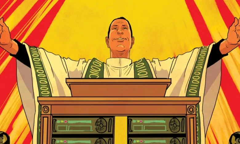 Illustration of a priest at a pulpit with binary code on his stole, delivering a sermon.